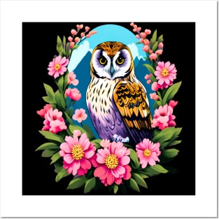 A Cute Short Eared Owl Surrounded by Bold Vibrant Spring Flowers Posters and Art